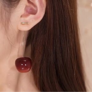 1 Pair Cute Sweet Red Glossy Cherry Pendant Earrings - Golden-Tone Dangle